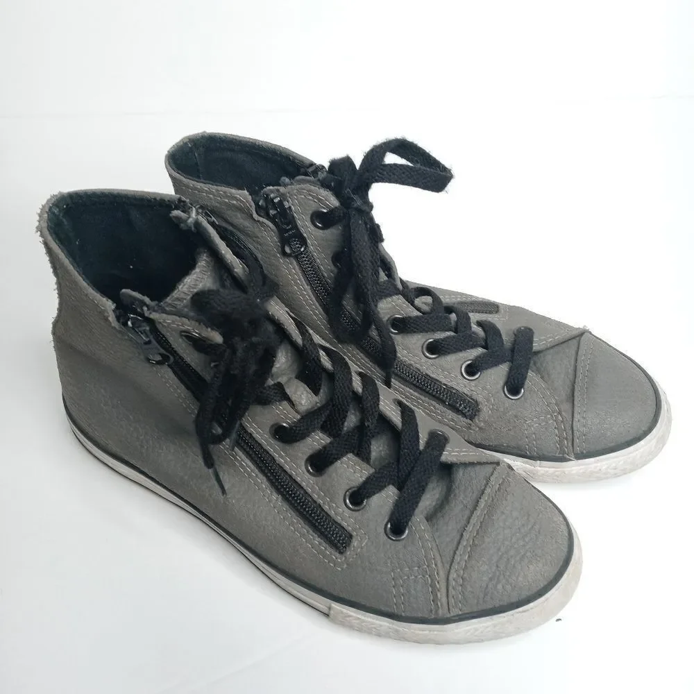Converse gray leather high top sneakers with side zips size 4